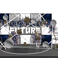 Modern Stage Design With Geometric Frames Blue Background Gold White Spheres Floral Decorations FUTURE Lettering
