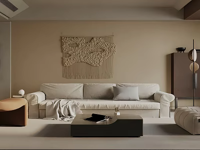 Minimalist Living Room Interior with Beige Sofa Throw Pillows Blanket Woven Tapestry Black Coffee Table 3d model