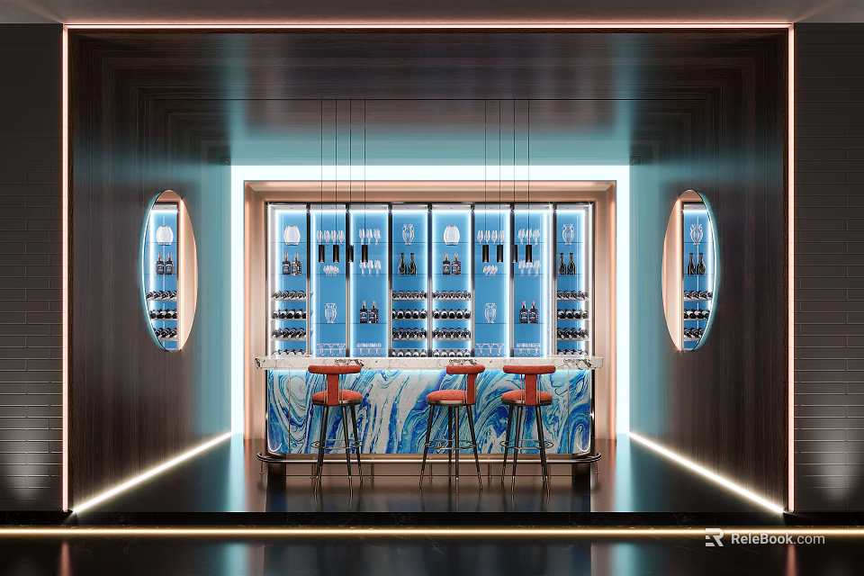 Modern Bar Interior Design With Counter Wine Racks High Stools And Lighting 3d model 