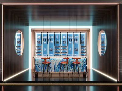 Modern Bar Interior Design With Counter Wine Racks High Stools And Lighting 3d model