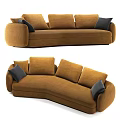 Comfortable Brown Curved Three Seater Sofa Modern Upholstered With Gray Pillows 3d model