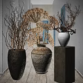 Decorative Dried Branch Potted Plants In Various Vases Within White Corridor With Wooden Floor