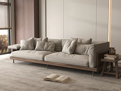 Minimalist Living Room With Light Colored Sectional Sofa Wooden Frame Pillows And Side Table Books 3d model