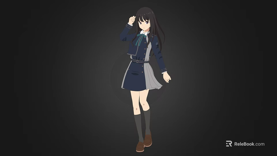 Anime Style Woman With Long Black Hair Wearing Blue Uniform Skirt And Knee High Socks 3d model 