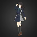 Anime Style Woman With Long Black Hair Wearing Blue Uniform Skirt And Knee High Socks