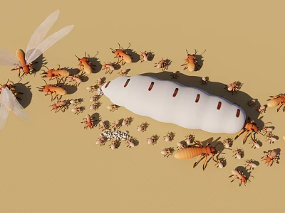 White Larva With Red Stripes Surrounded By Termites And Scattered Particles On Yellow Background 3d model
