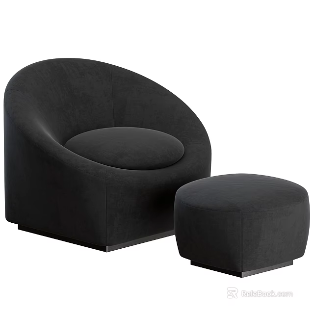 Modern Black Curved Sofa And Round Ottoman Set With Soft Velvet Upholstery Design 3d model 