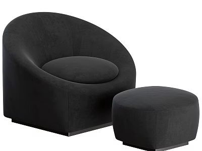 Modern Black Curved Sofa And Round Ottoman Set With Soft Velvet Upholstery Design 3d model