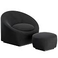 Modern Black Curved Sofa And Round Ottoman Set With Soft Velvet Upholstery Design