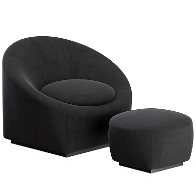 Modern Black Curved Sofa And Round Ottoman Set With Soft Velvet Upholstery Design 3d model