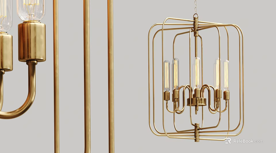 Elegant Gold Metal Cage Chandelier With Multiple Glass Bulbs For Modern Home Decor 3d model 
