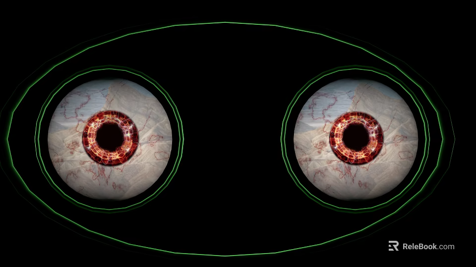 Detailed Human Eyes With Red Blood Vessels And Green Outline On Black Background 3d model 