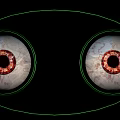 Detailed Human Eyes With Red Blood Vessels And Green Outline On Black Background