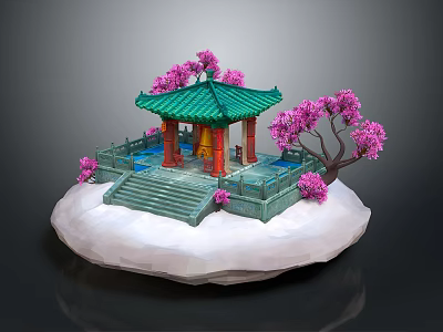Traditional Pavilion Featuring Green Roof Pink Flowering Trees Steps And Water Pool On White Platform 3d model
