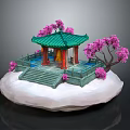 Traditional Pavilion Featuring Green Roof Pink Flowering Trees Steps And Water Pool On White Platform
