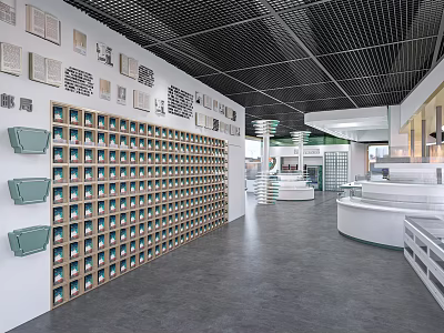 Modern Exhibition Hall Interior With Wall Display Compartments Framed Artworks And Black Grid Ceiling 3d model