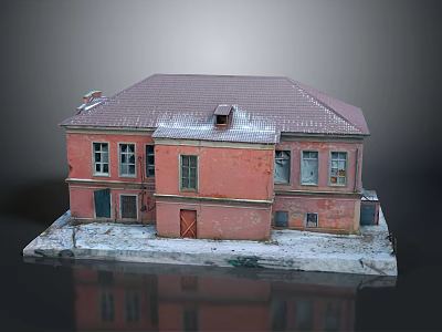 Red Building Model With Red Roof Windows Door And Snow Reflection On Base 3d model