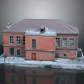 Red Building Model With Red Roof Windows Door And Snow Reflection On Base