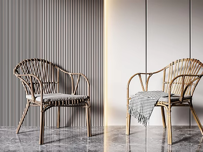 Rattan Leisure Chairs With Wooden Frame Cushion And Blanket On Marble Floor Against Striped Wall 3d model
