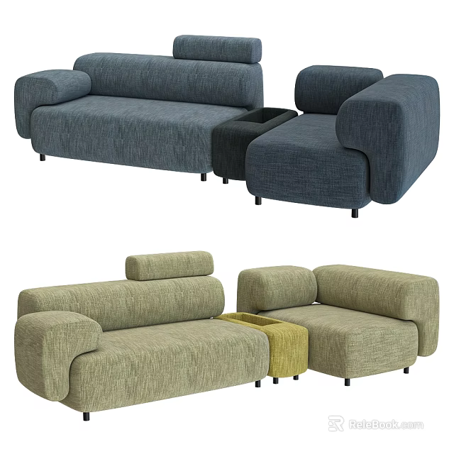 Modern Navy Blue And Light Green Fabric Sectional Sofa With Armchair And Footstool 3d model 