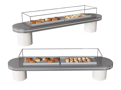 Modern Glass Covered Bread Display Stands With Pastry Items And Pedestal Bases 3d model