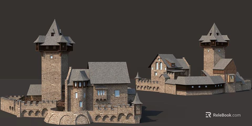 Castle Style Detached Villa Exterior With Stone Walls Pointed Roofs And Towers 3d model 
