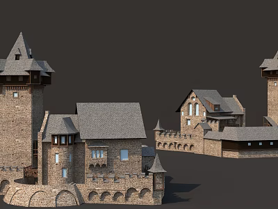 Castle Style Detached Villa Exterior With Stone Walls Pointed Roofs And Towers 3d model
