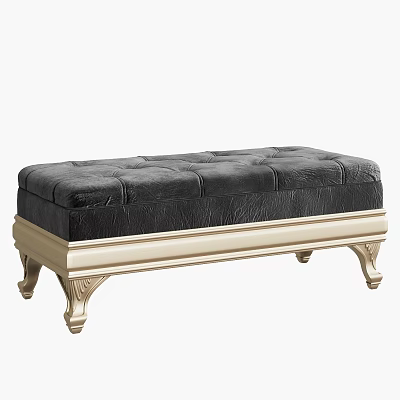 Elegant Black Leather Tufted Ottoman Bench With Gold Carved Legs 3d model