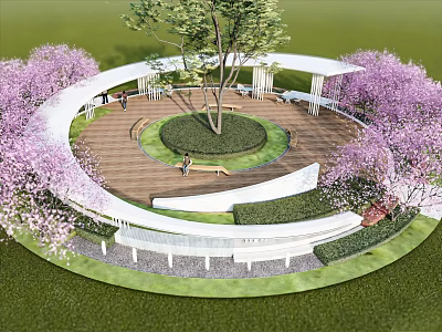 Circular Pergola with Pink Flowering Trees Central Large Tree and Wooden Flooring on Green Lawn 3d model
