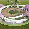 Circular Pergola with Pink Flowering Trees Central Large Tree and Wooden Flooring on Green Lawn