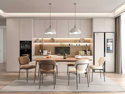 Modern Restaurant Interior With Wooden Dining Table Comfortable Chairs Hanging Lights And Decorative Plants 3d model