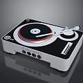 Modern Vinyl Record Player With White Base Black Panel Red Rimmed Turntable And Tonearm