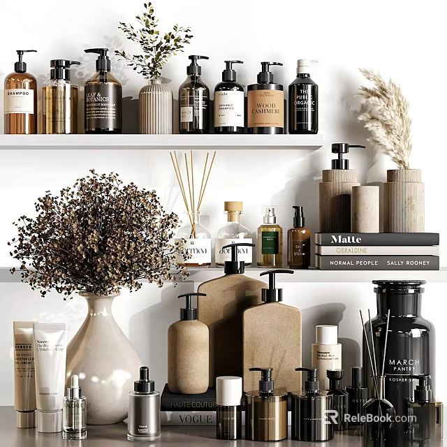 Bathroom Set With Various Skincare Bottles Decorative Dried Flowers And Organized Shelves 3d model 