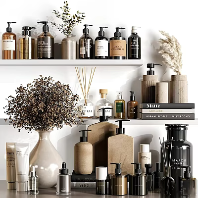 Bathroom Set With Various Skincare Bottles Decorative Dried Flowers And Organized Shelves 3d model