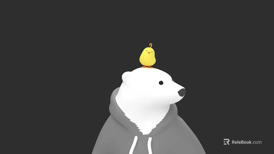 Cute White Polar Bear Wearing Gray Hoodie With Yellow Chick On Head 3d model 