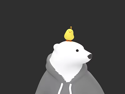 Cute White Polar Bear Wearing Gray Hoodie With Yellow Chick On Head 3d model