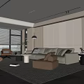 Modern Living Room Interior Featuring Beige Sofa Brown Armchair Striped Rug And Wooden Accent Wall