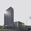 Modern Office Building With Glass Facade And Evening Lighting Surrounded By Trees And Road