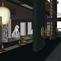 Modern Hotel Building Exterior With Traditional Lion Statue And Entrance Lantern