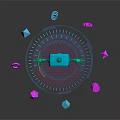 Blue 3D Grid Robot Surrounded By Glowing Neon Shapes Triangles Stars And Rings