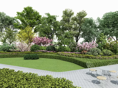 Beautiful Garden Landscape With Lush Flowers Green Lawn Trimmed Shrubs And Outdoor Seating 3d model
