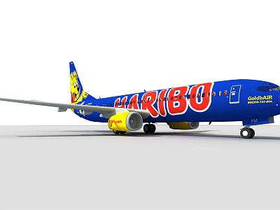 Blue HARIBO Branded Passenger Plane With Yellow Engine And Tail Design 3d model