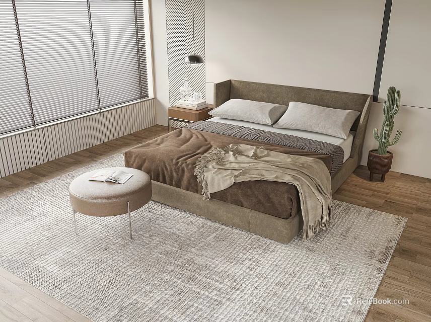 Double Bed in Modern Bedroom with Bedside Table Lamp Soft Rug and Cactus Plant 3d model 