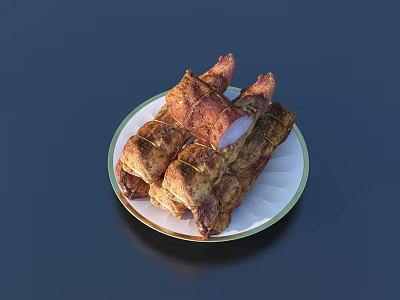 Delicious Juicy Roasted Ribs Served On White Plate With Green Rim Against Dark Background 3d model