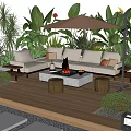 Courtyard Garden Design With Wooden Deck Sofa Fire Pit Umbrella Green Plants And Lanterns