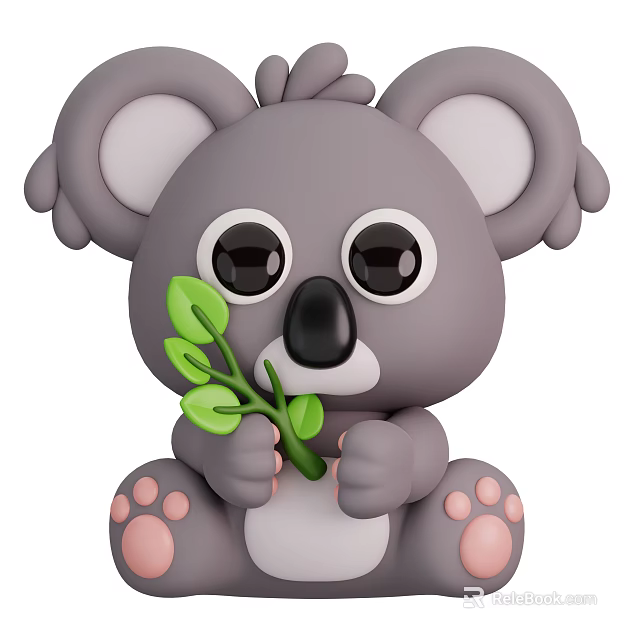 Adorable Cartoon Koala With Big Eyes Gray Fur Holding Green Leaf Branch 3d model 