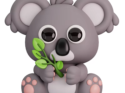 Adorable Cartoon Koala With Big Eyes Gray Fur Holding Green Leaf Branch 3d model