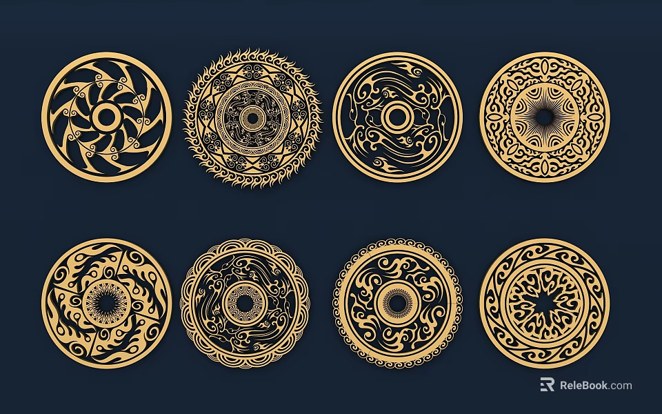 Golden Circular Wall Decor With Intricate Patterns And Dark Blue Background 3d model
