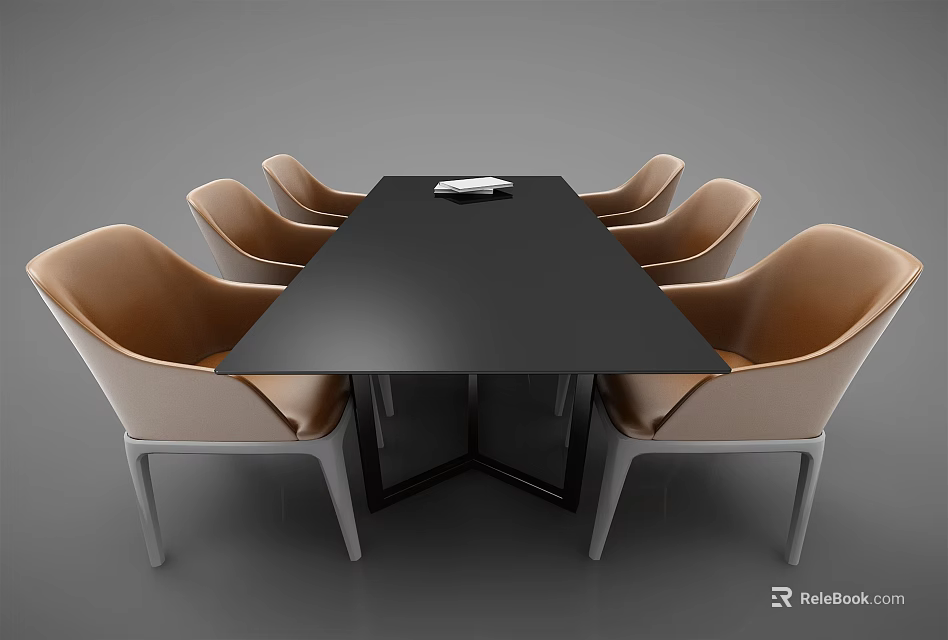 Modern Dining Table Set With Black Rectangular Table And Six Beige Chairs Gray Legs 3d model