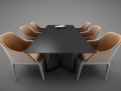 Modern Dining Table Set With Black Rectangular Table And Six Beige Chairs Gray Legs 3d model